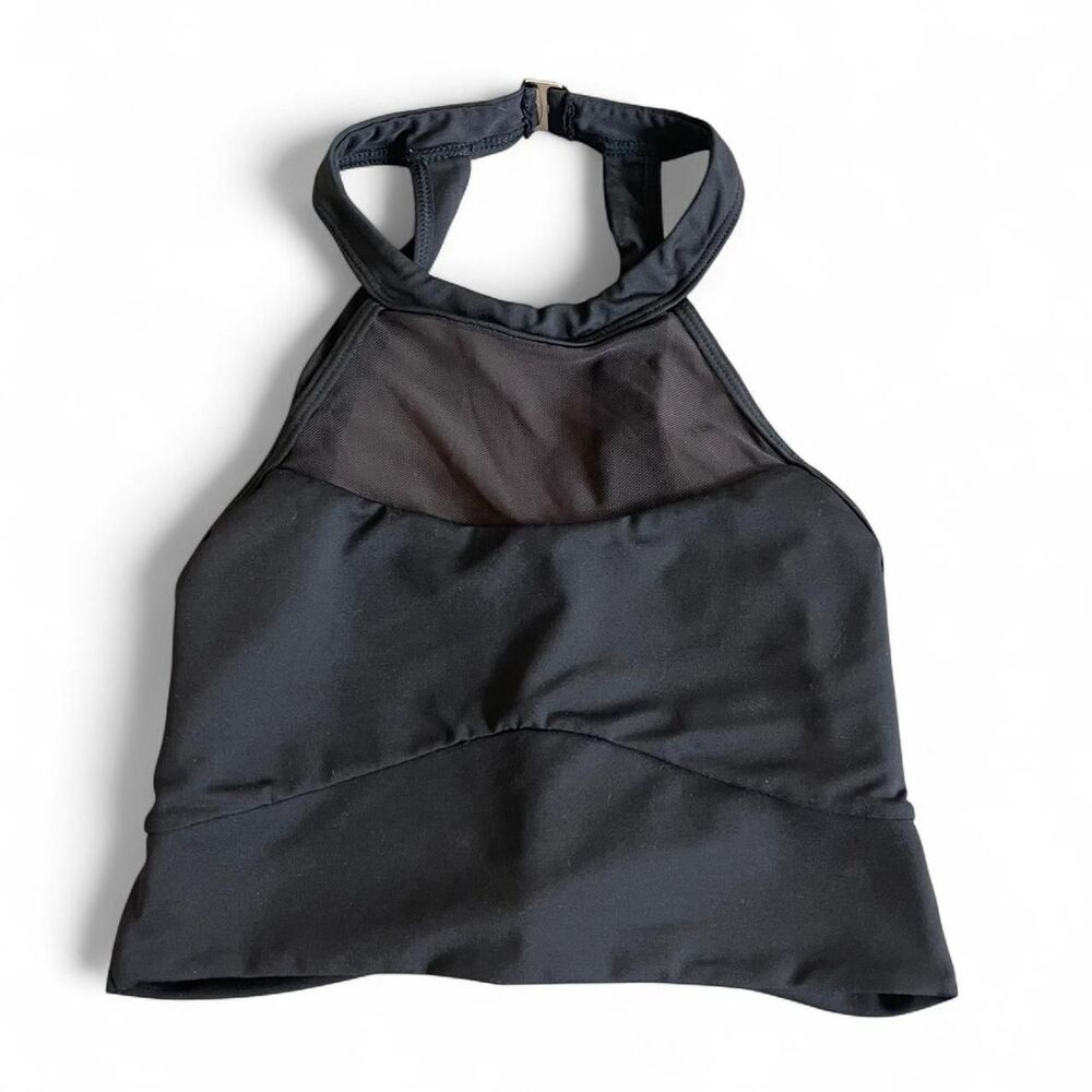 Black sportswear crop top with mesh detailing and strappy back. - Picture 2 of 2